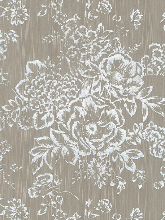 Textile Flower Wallpaper - Architects Paper - Metallic Silk - Brown/Silver - Discontinuing