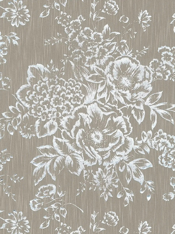 Sample - Textile Flower Wallpaper - Architects Paper - Metallic Silk - Brown/Silver