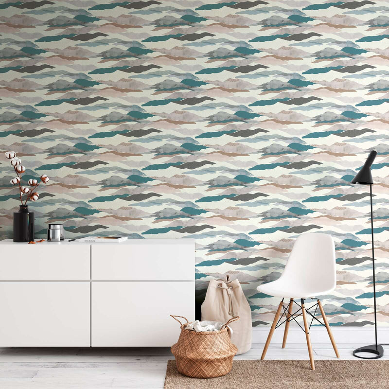 Graphic Wave and Palm Wallpaper - Taupe/Dusty Pink/Blue