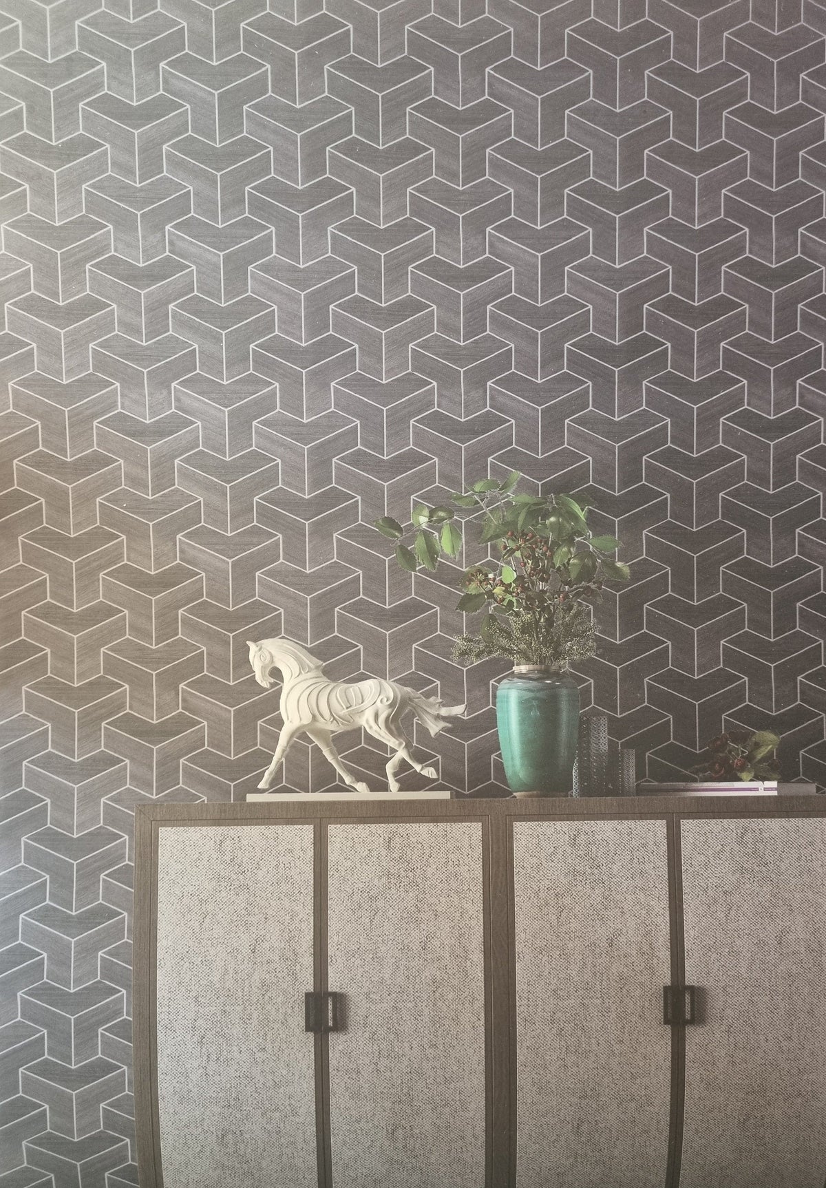 Wood Veneer Geometric Wallpaper - Grey + Silver