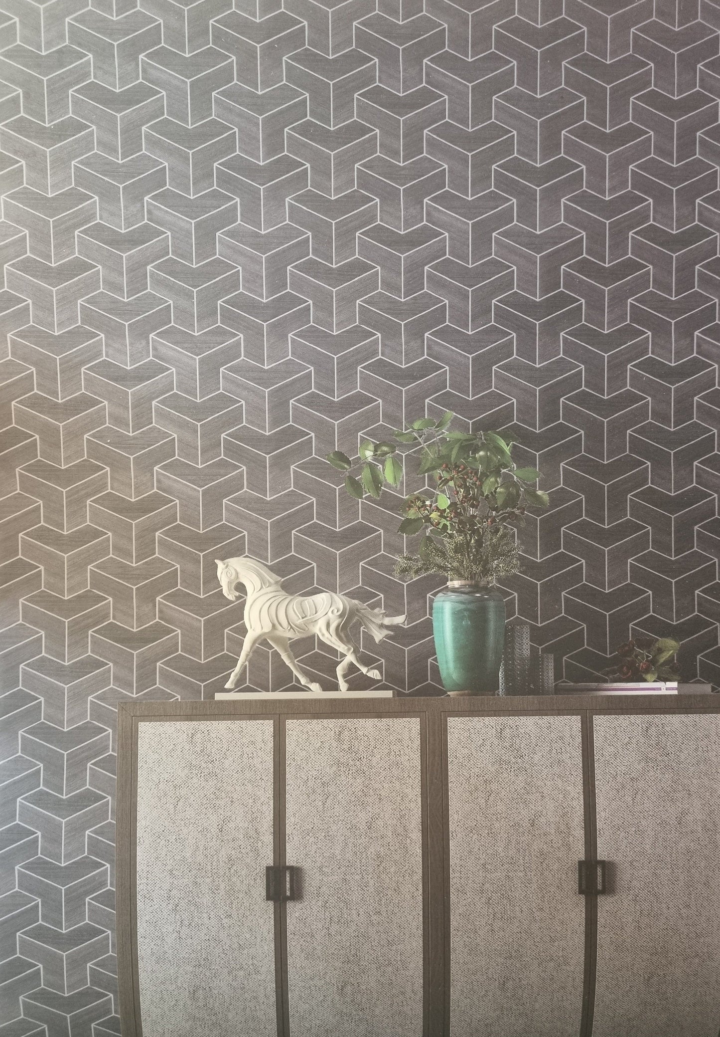 Wood Veneer Geometric Wallpaper - Grey + Silver