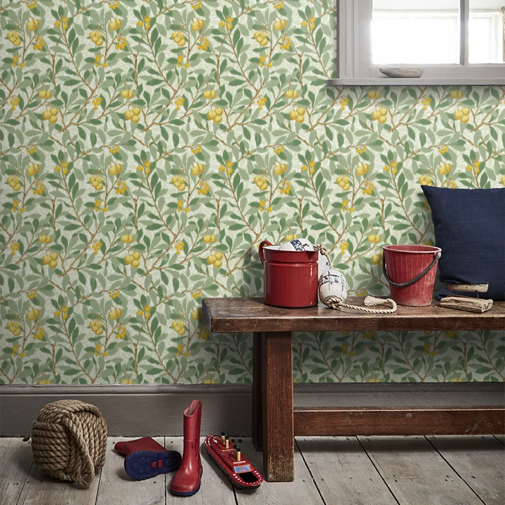 Arbutus by Morris Wallpaper - Sage/Lemon