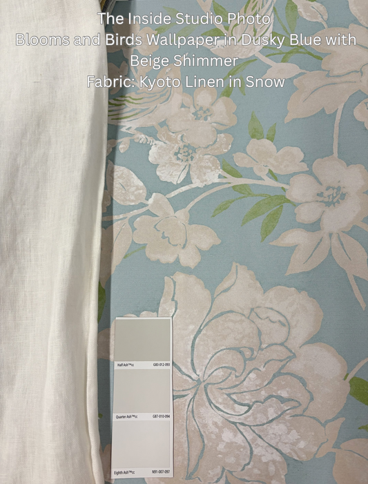 Blooms and Birds Wallpaper -Dusky Blue with Beige Shimmer