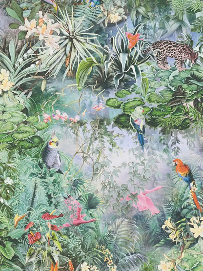 Botanical Elegance – Tropical Parrot Wallpaper – Powder Blue