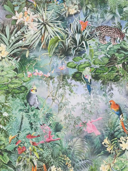Botanical Elegance – Tropical Parrot Wallpaper – Powder Blue