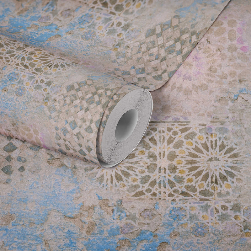 Barcelona Mosaic Wallpaper - Beige- Brown Blue