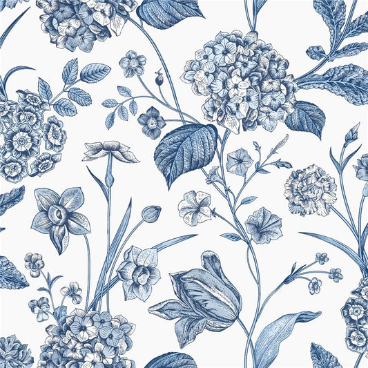 Amelie Hydrangea Wallpaper - Blue White