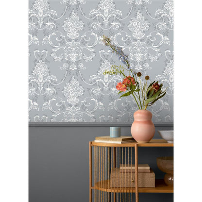 Amelie Damask Wallpaper - Dusky Blue