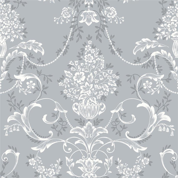 Sample - Amelie Damask Wallpaper - Dusky Blue