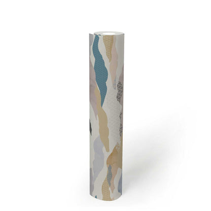 Graphic Wave and Palm Wallpaper - Blue/Pink/Beige