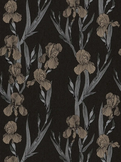 Iris Floral - Textured Vinyl Wallpaper - Black Taupe