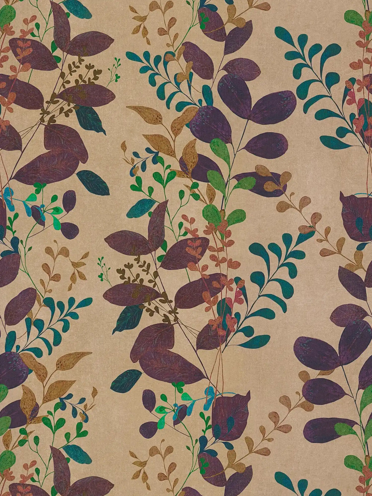 Verdant Leaf Sprig wallpaper in plum/taupe – flat pattern