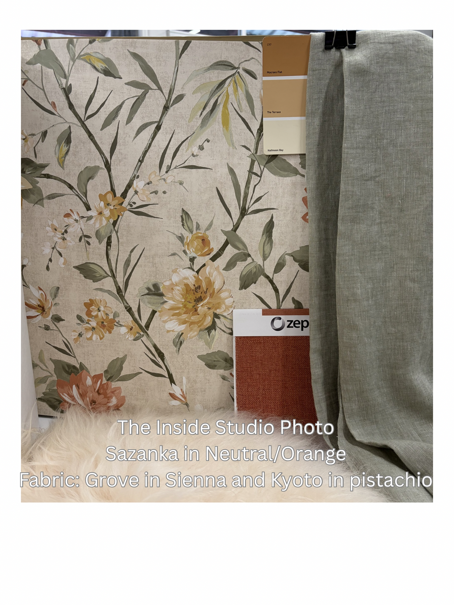 Sazanka - Japanese Floral Wallpaper - Neutral/Orange