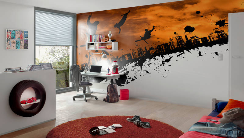 Grafitti Freestyle Skier With Skyline - Custom Sized Wallpaper Mural (per m2)