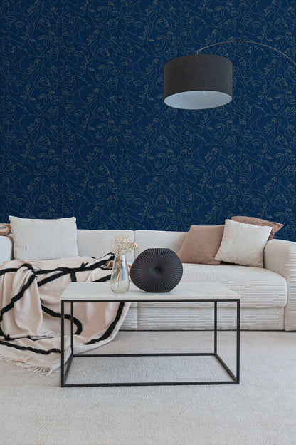 Muse Line Art Face Wallpaper – Navy/Gold