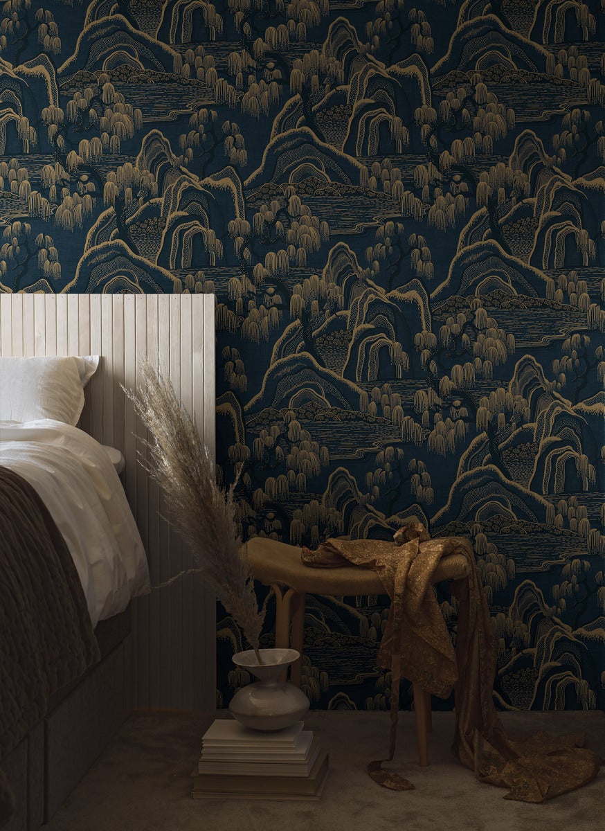 Indigo Garden Wallpaper - Navy/Gold