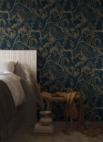 Indigo Garden Wallpaper - Navy/Gold