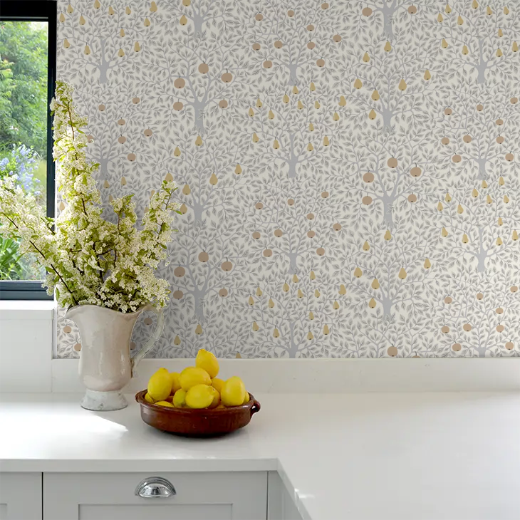 Pomona Pear Wallpaper - White/Grey/Gold