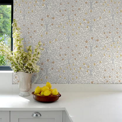 Pomona Pear Wallpaper - White/Grey/Gold