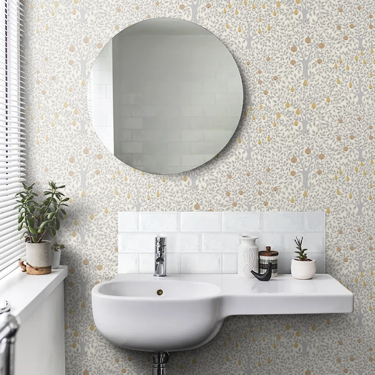 Pomona Pear Wallpaper - White/Grey/Gold