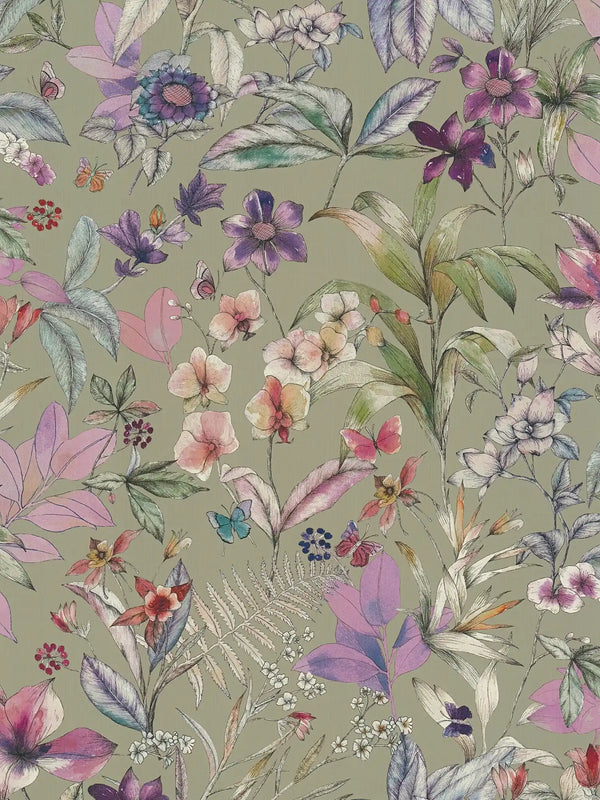 Sample – Papillon Floral Butterfly Wallpaper – Sage