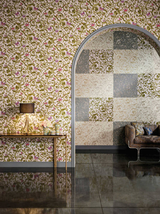 Versace Florals Wallpaper (Versace 3 Collection) - Green/Pink