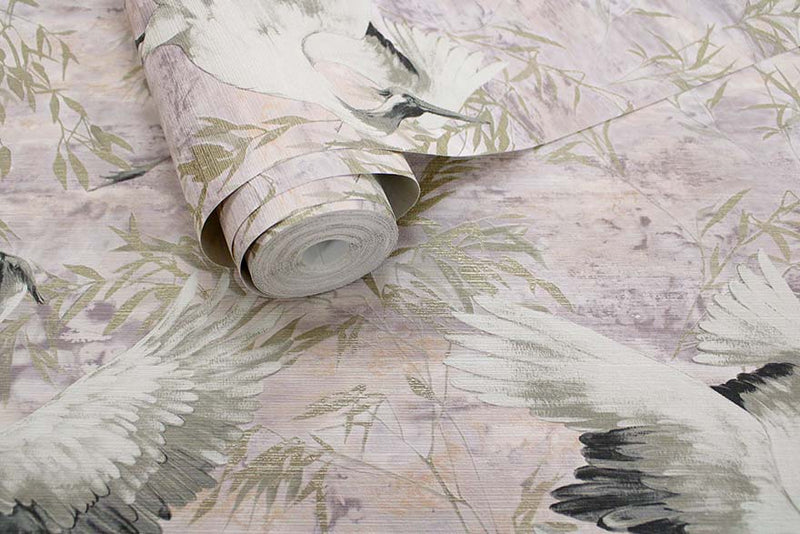 Sarus - Cranes Asian Watercolour Wallpaper - Pink- Discontinuing