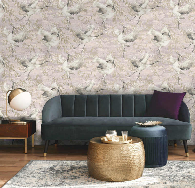 Sarus - Cranes Asian Watercolour Wallpaper - Beige