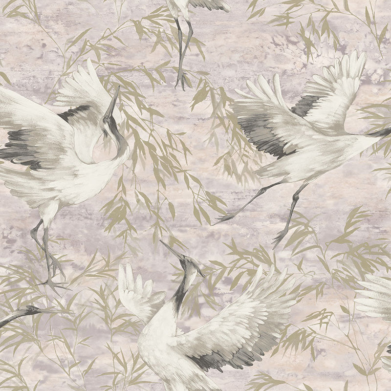 Sarus - Cranes Asian Watercolour Wallpaper - Beige