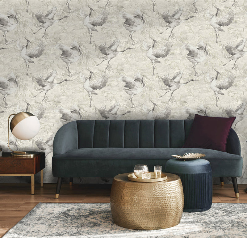 Sarus - Cranes Asian Watercolour Wallpaper - Beige