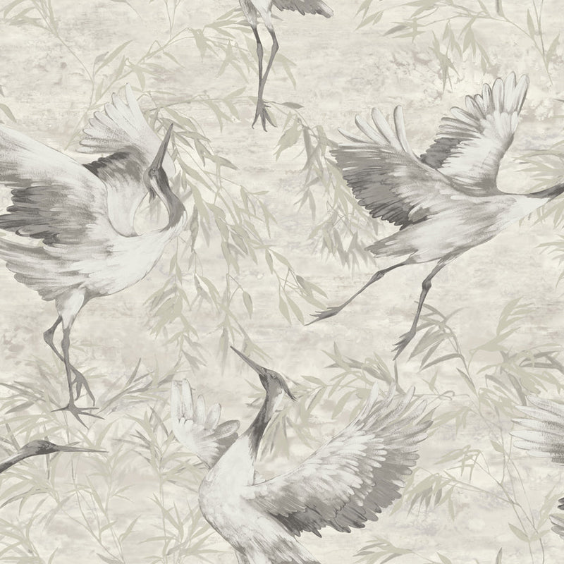 Sarus - Cranes Asian Watercolour Wallpaper - Beige