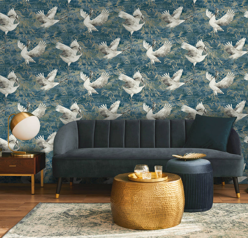 Sarus - Cranes Asian Watercolour Wallpaper - Teal