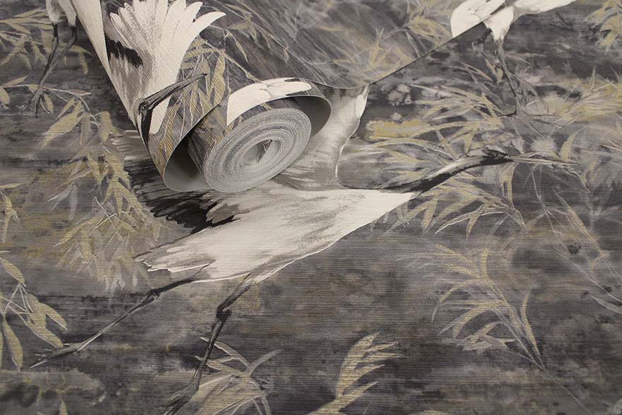 Sarus - Cranes Asian Watercolour Wallpaper - Charcoal - Discontinuing