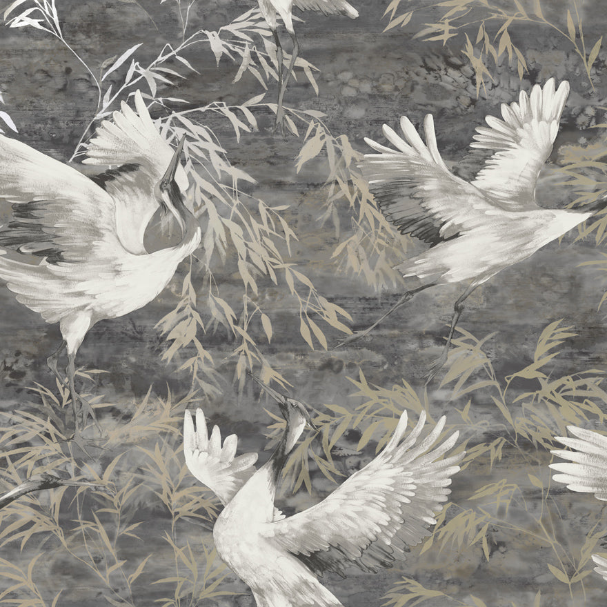 Sarus - Cranes Asian Watercolour Wallpaper - Charcoal - Discontinuing
