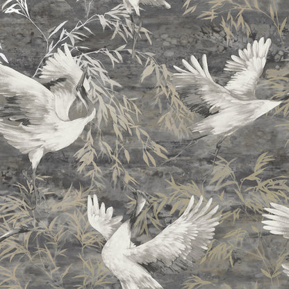Sarus - Cranes Asian Watercolour Wallpaper - Charcoal - Discontinuing