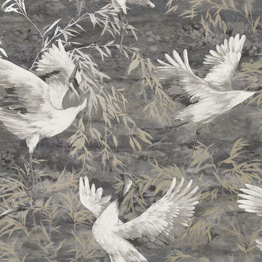 Sarus - Cranes Asian Watercolour Wallpaper - Charcoal - Discontinuing