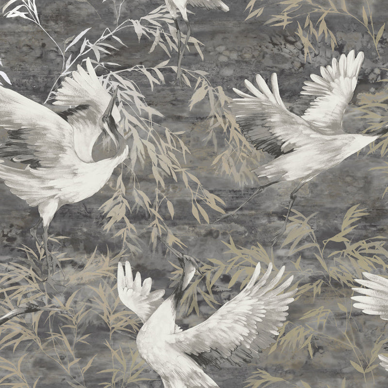 Sarus - Cranes Asian Watercolour Wallpaper - Charcoal