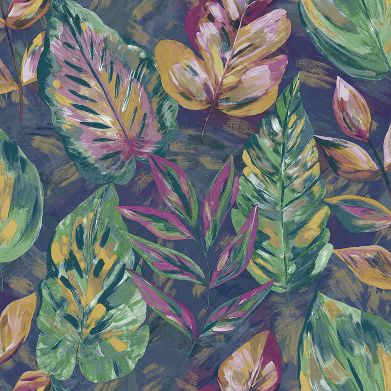 Aralia - fabric effect foliage Wallpaper - Navy/Pink