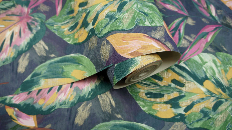 Aralia - fabric effect foliage Wallpaper - Navy/Pink