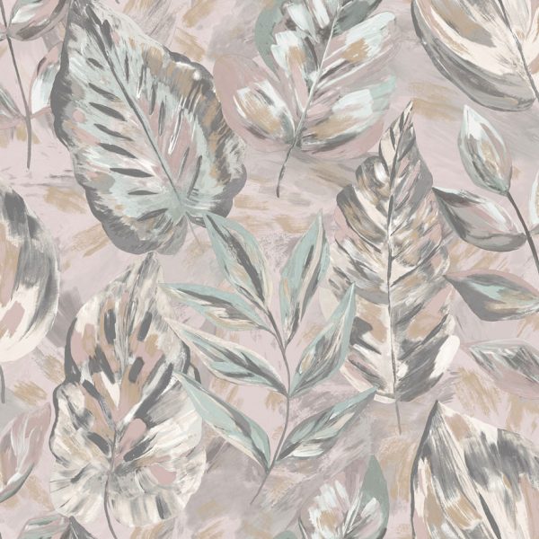 Aralia - fabric effect foliage Wallpaper - Pink