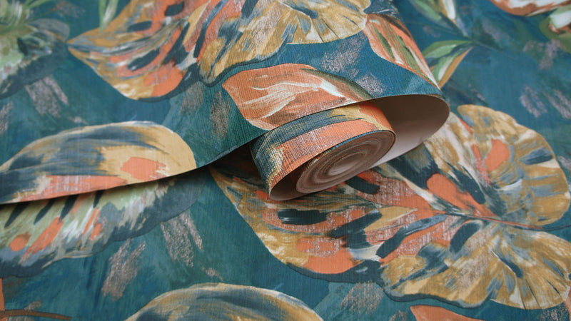 Aralia - fabric effect foliage Wallpaper - Teal/Orange