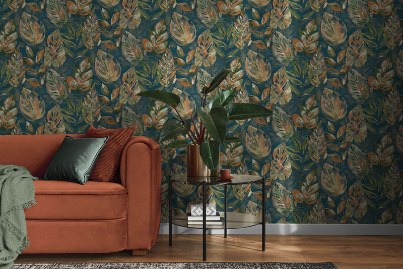 Aralia - fabric effect foliage Wallpaper - Beige