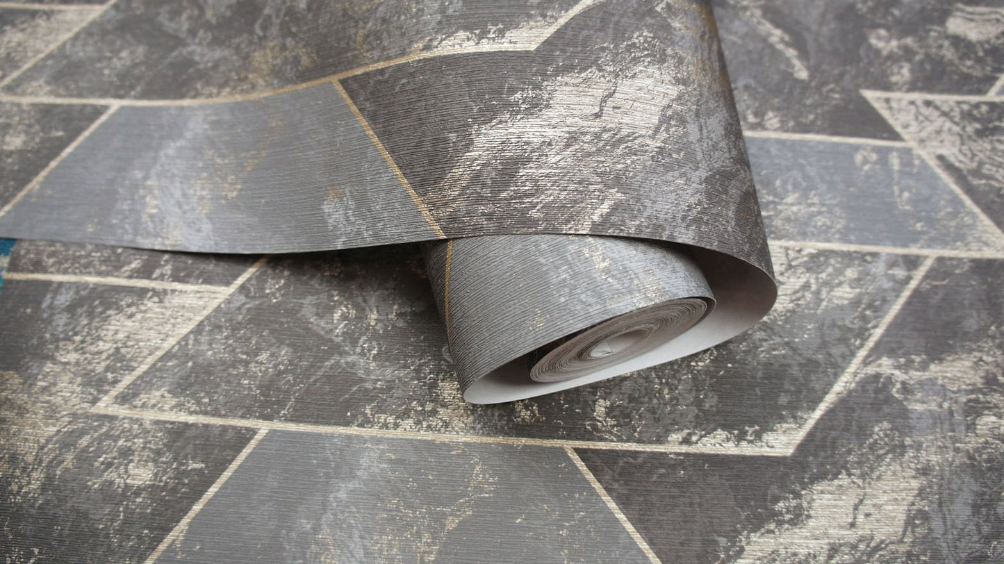 Zarci - Geometric Marble Wallpaper - Charcoal/Gold - Last 26 Rolls