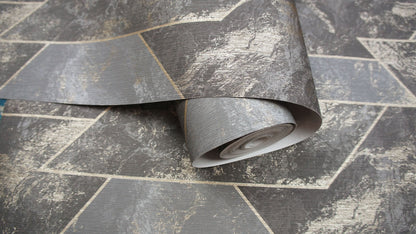 Zarci - Geometric Marble Wallpaper - Charcoal/Gold - Last 26 Rolls