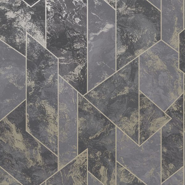 Zarci - Geometric Marble Wallpaper - Charcoal/Gold - Last 26 Rolls