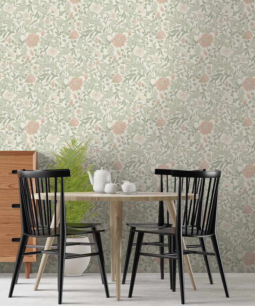 Bilbury Floral Wallpaper - Sage Coral