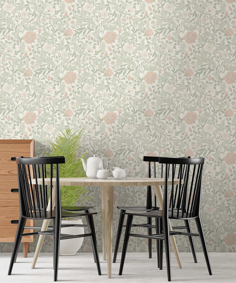 Bilbury Floral Wallpaper - Sage Coral