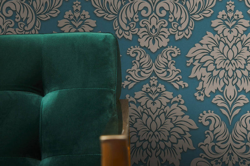 Two Toned Damask Wallpaper - Blue - Teal