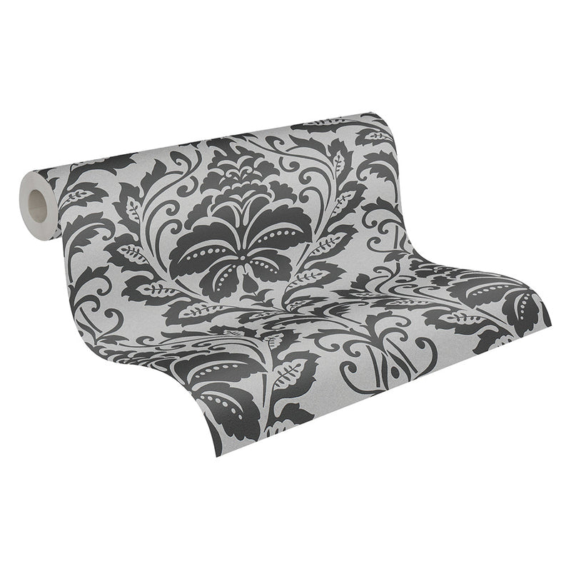 Metallic Baroque Damask Wallpaper - Black Silver