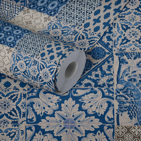 Sample – Delft Heritage - Moroccan Wallpaper - Blue/Cream